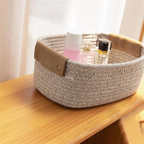 Aufbewahrungskorb Baumwolle Geflochten Braun Klein, Korb Aufbewahrung 28x17x11cm mit Abnehmbaren Ledergriffen, Waschbares Körbchen für Bad & Wickeltisch, XAQAMY