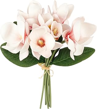 Faux Magnolia Flowers, Artificial Pink Flowers Real Touch Magnolia Flower Bouquet Floral Arrangement for Table Centerpiece Home Office Vase Decor