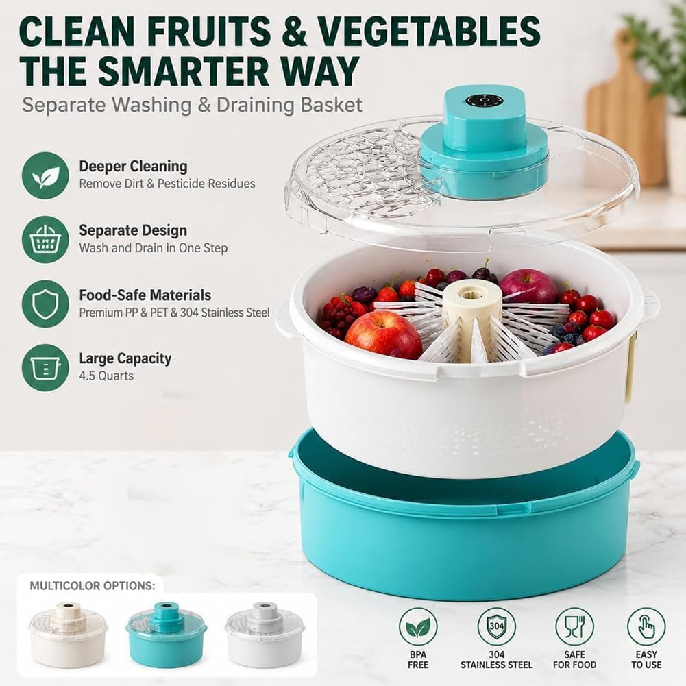 Pealeaf Centrifuga Elettrica Frutta E Verdura, Lava Insalata con Ciotola, Pulitore Automatico per Lattuga Bacche Erbe Base Antiscivolo (Beige,Manual)