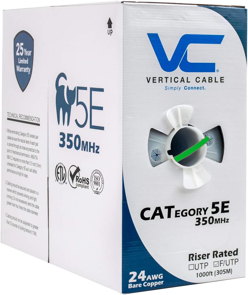 Vertical Cable Cat5e, 350 MHz, Shielded, 24AWG, Solid Bare Copper, 1000ft, Bulk Ethernet Cable, Yellow