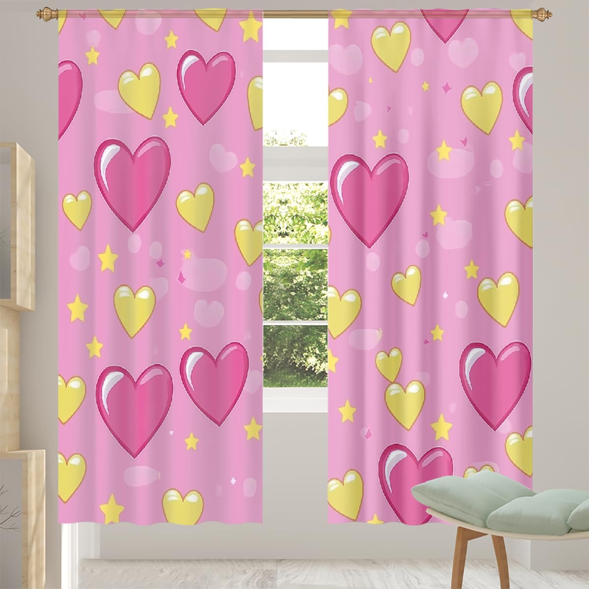 Mexpekil Tende trasparenti rosa giallo cuore amore per soggiorno camera da letto tenda in voile filtrante luce con tasca per asta 213 cm tende lunghe tende privacy tende per finestre set di 2 pannelli