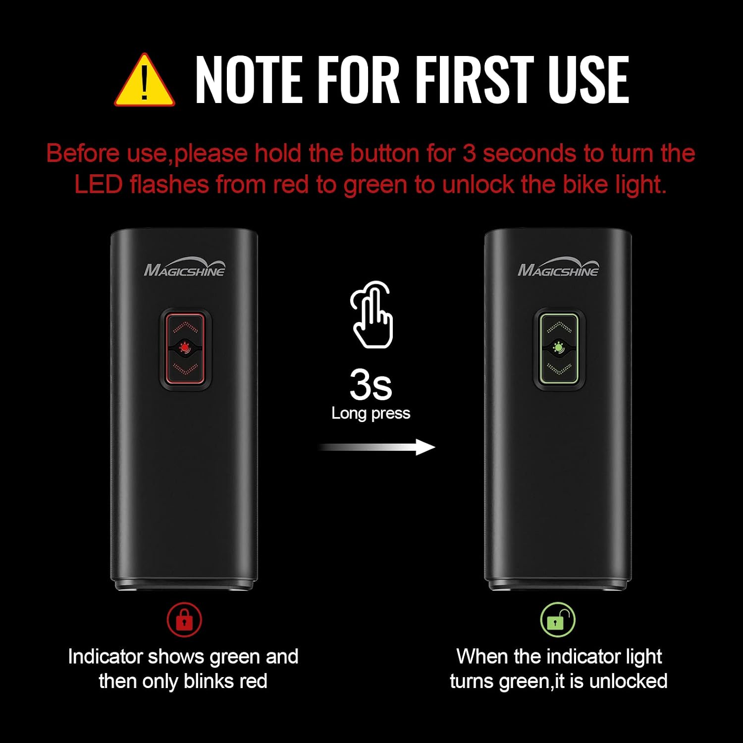 Diagram showing how to unlock the Magicshine RAY 2600 by holding the button for 3 seconds until the indicator turns green.