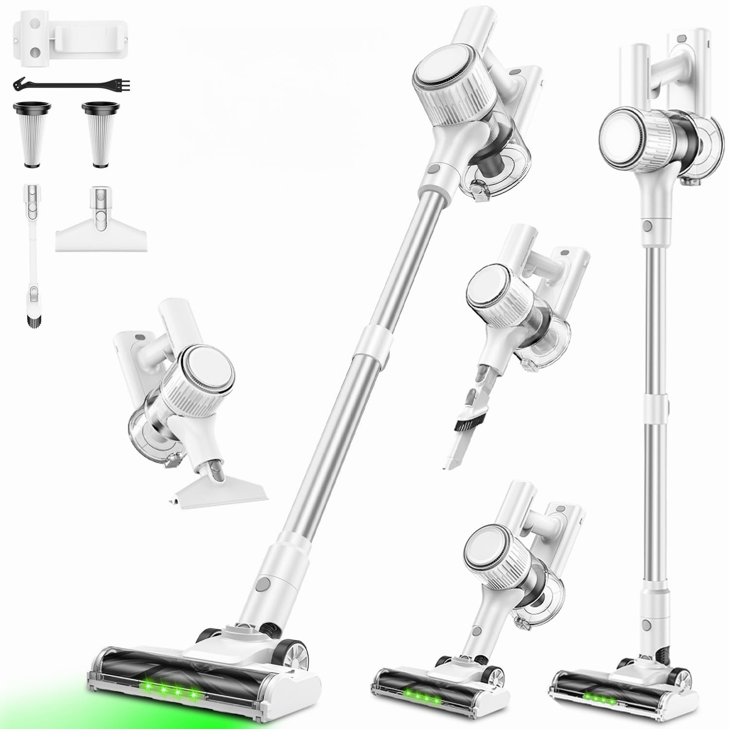 掃除機 コードレス【2027年先行発売!業界革新!2100Kpa真の超強力吸引・60分連続稼働・自立式・自走式・革新版グリーンLEDライト・LED液晶ディスプレイ】2WAY コードレス掃除機 3段吸引力 低騒音 軽量 サイクロン 絡まないヘッド 伸縮パイプ HEPA多重濾過 着脱式バッテリー スティッククリーナー フロア/カーペット/カーテン/ソファ/車に適用 家庭用 年末お掃除 (ホワイト)