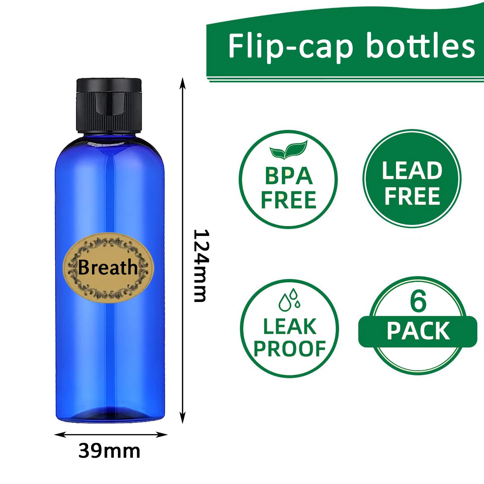 Apstaqeoo 6PCS 100ML Plastic Travel Bottles with Flip Cap Empty Squeeze Bottles Blue Refillable Travel Container with 1 Funnel & 6 Labels TSA Approved for Liquids Lotion Shampoo Toiletries Cosmetic - Image 2