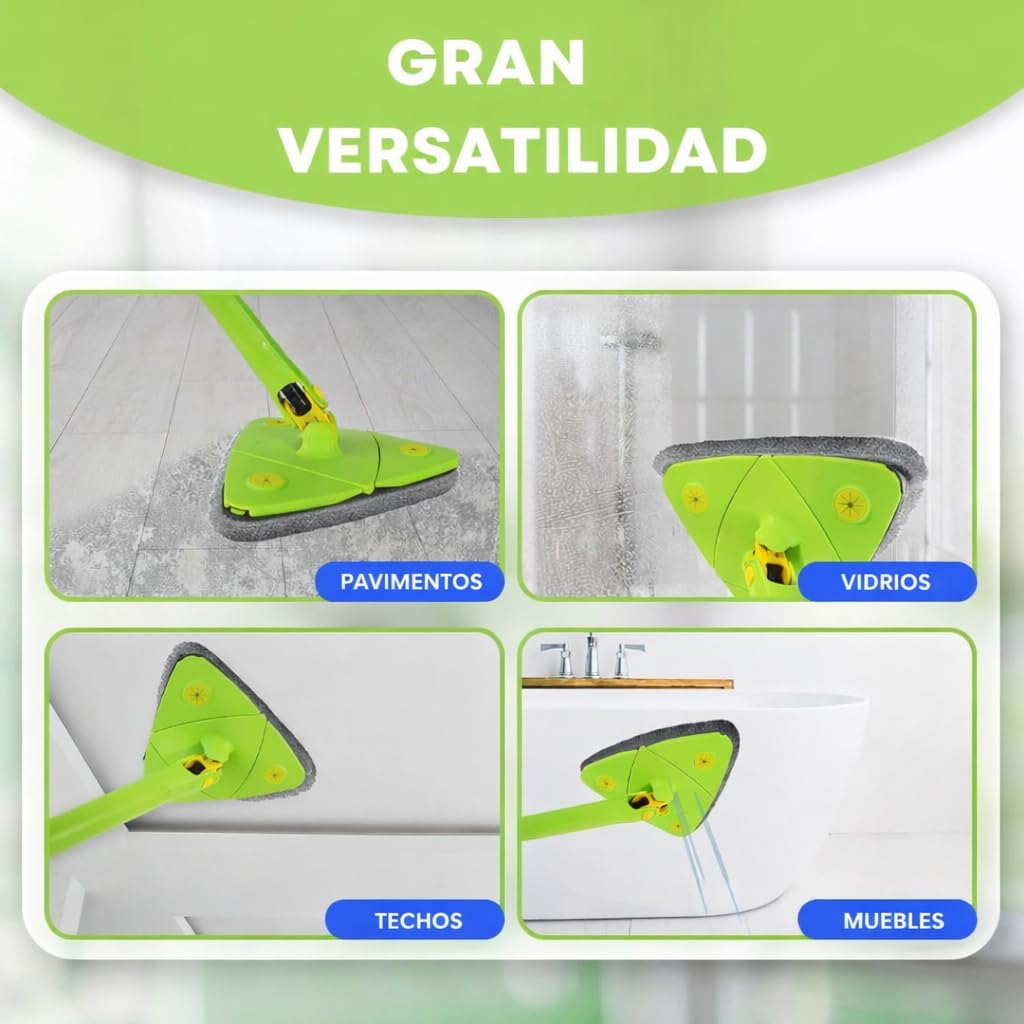 Mopa Triangular Giratoria Autoescurrible360º , 8 Recambios Lavables y Soporte de Pared Color Verde, Mopa Triangular, Suelos, Paredes y techos — view 5