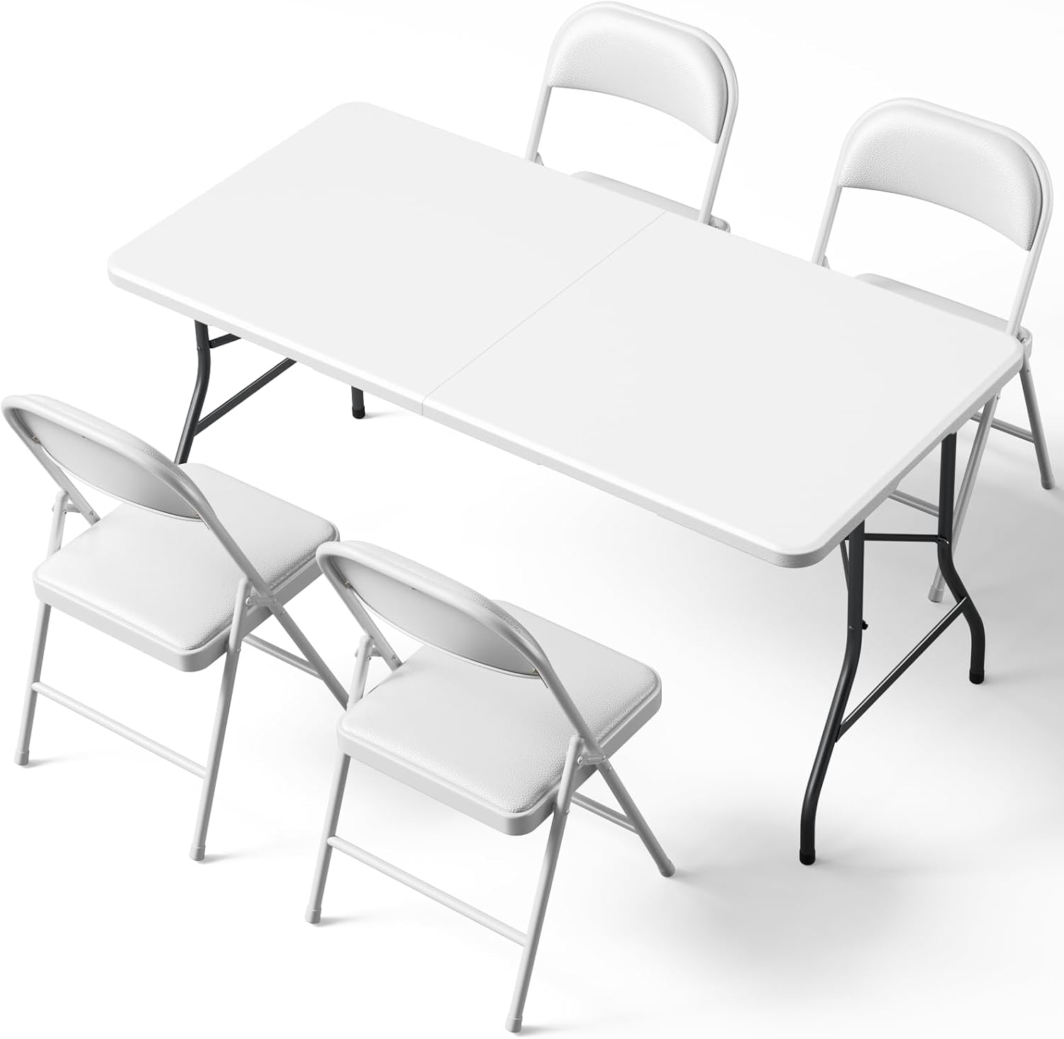 5FT Folding Table and Chairs Set for 4, Portable 5-Piece Folding Dining Set with Carry Handle,Heavy Duty Plastic Fold-in-Half Table&4 PU Padded Folding Chairs for Indoor Outdoor Party,Camping,Picnic