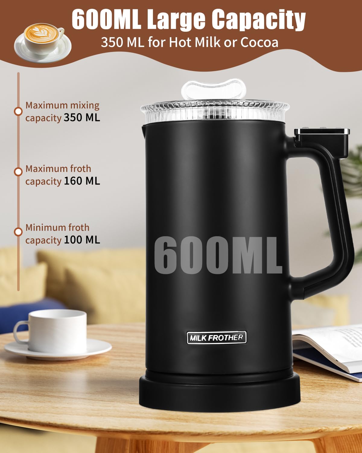 Spieniania Mleka,600ML Spieniacz do Mleka ma Pojemność 4 w 1 Spieniacz do Mleka Spieniacza Można Automatyczne Podgrzej Mleko do Cappuccino, Frappe, Matcha, GorąCej Czekolady, Czarny
