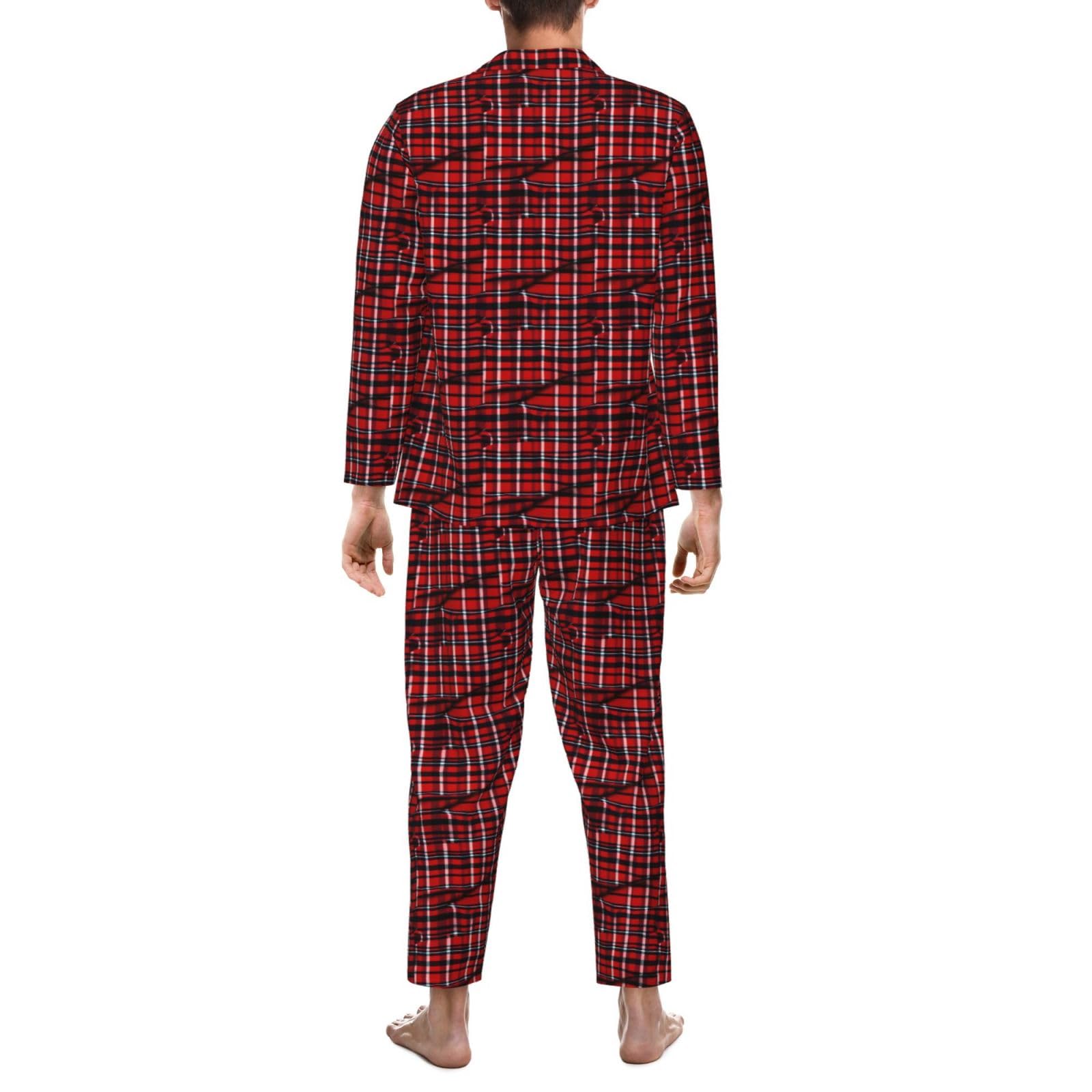 Herren-Pyjama-Set, langärmelig, kariert, zweiteilig, bequem, Nachtwäsche, Rot und Schwarz