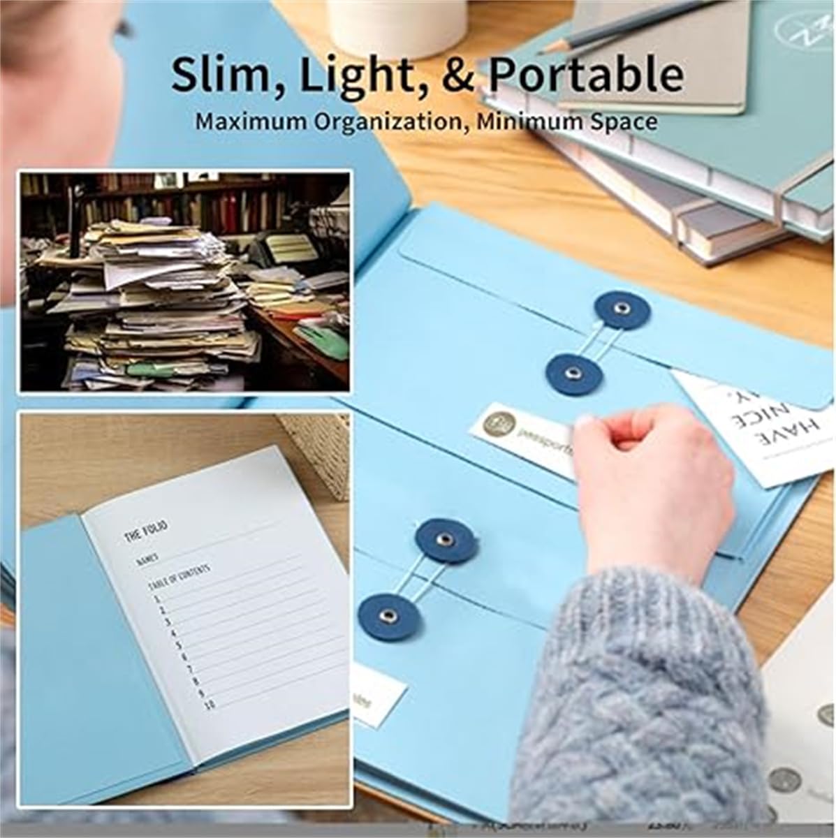 Organiseur de documents en accordéon – Dossier extensible en manille avec étiquettes et fermeture élastique, idéal pour passeports, certificats de naissance et documents importants (kaki + bleu + rose