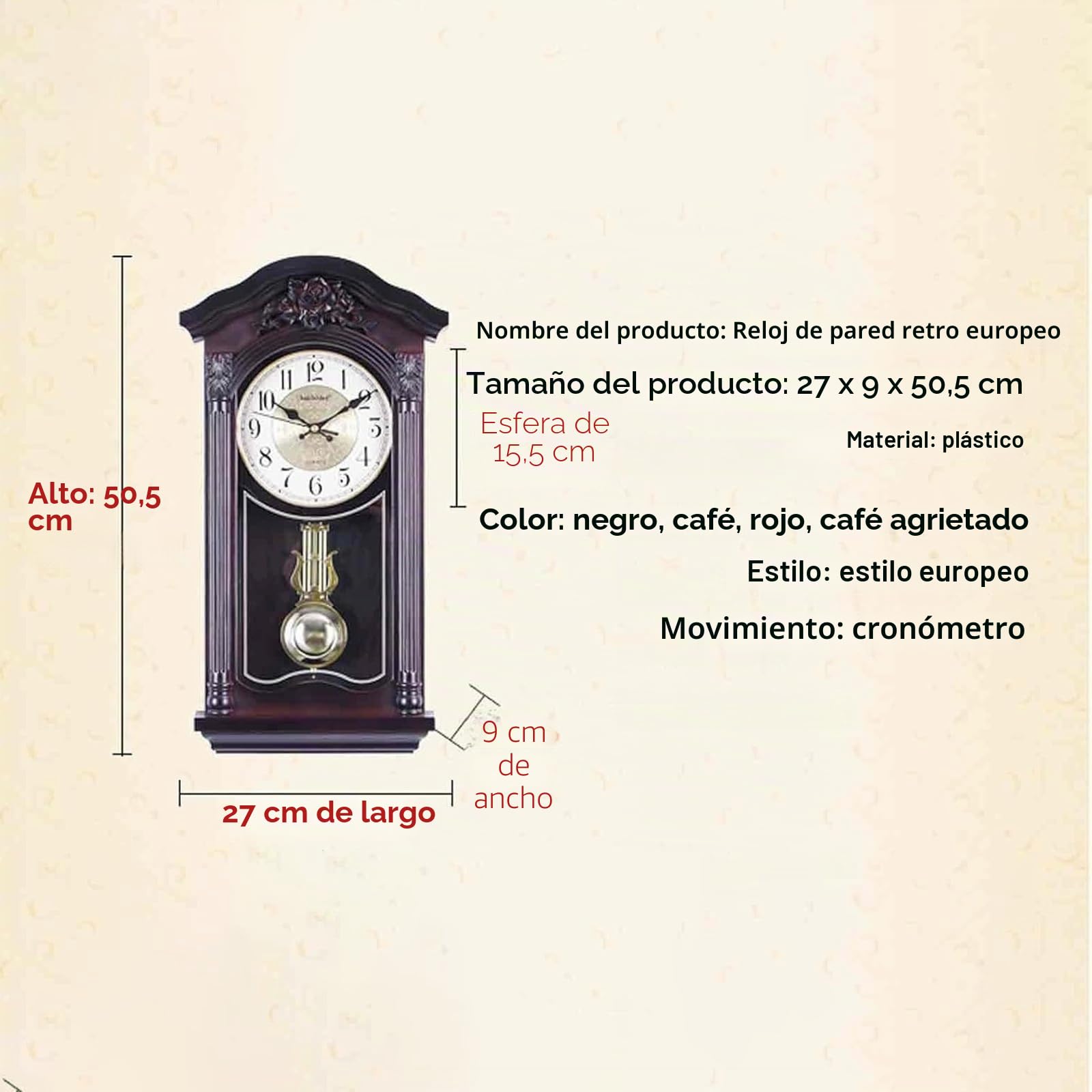 Reloj de Pared con péndulo y campanadas, Relojes de Pared Europeos Vintage con péndulo oscilante, Funcionamiento silencioso a Pilas, Ideal para salón, repisa de Chimenea y estanterías.(Red)