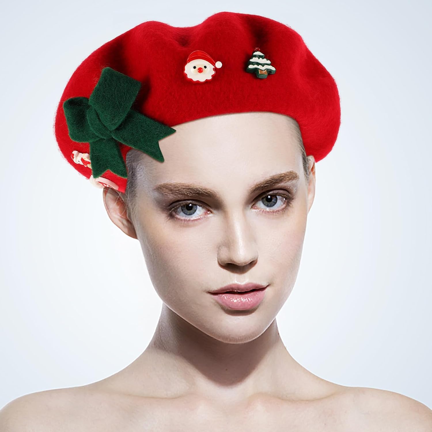 ULTECHNOVO Christmas Wool Beret Cap for Women with Bowknot, French Artist Style Warm Red Woolen Beret Hat, Holiday Party Accessory for Winter and Festive Wear