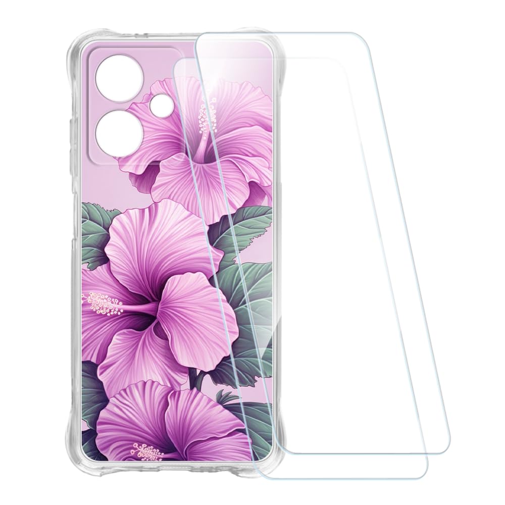 Printed Case + 2 Pack Screen Protectors Compatible with HMD Crest 5G, Shockproof Pattern Soft Cover and HD Clear Tempered Glass Film (Flower 4)
