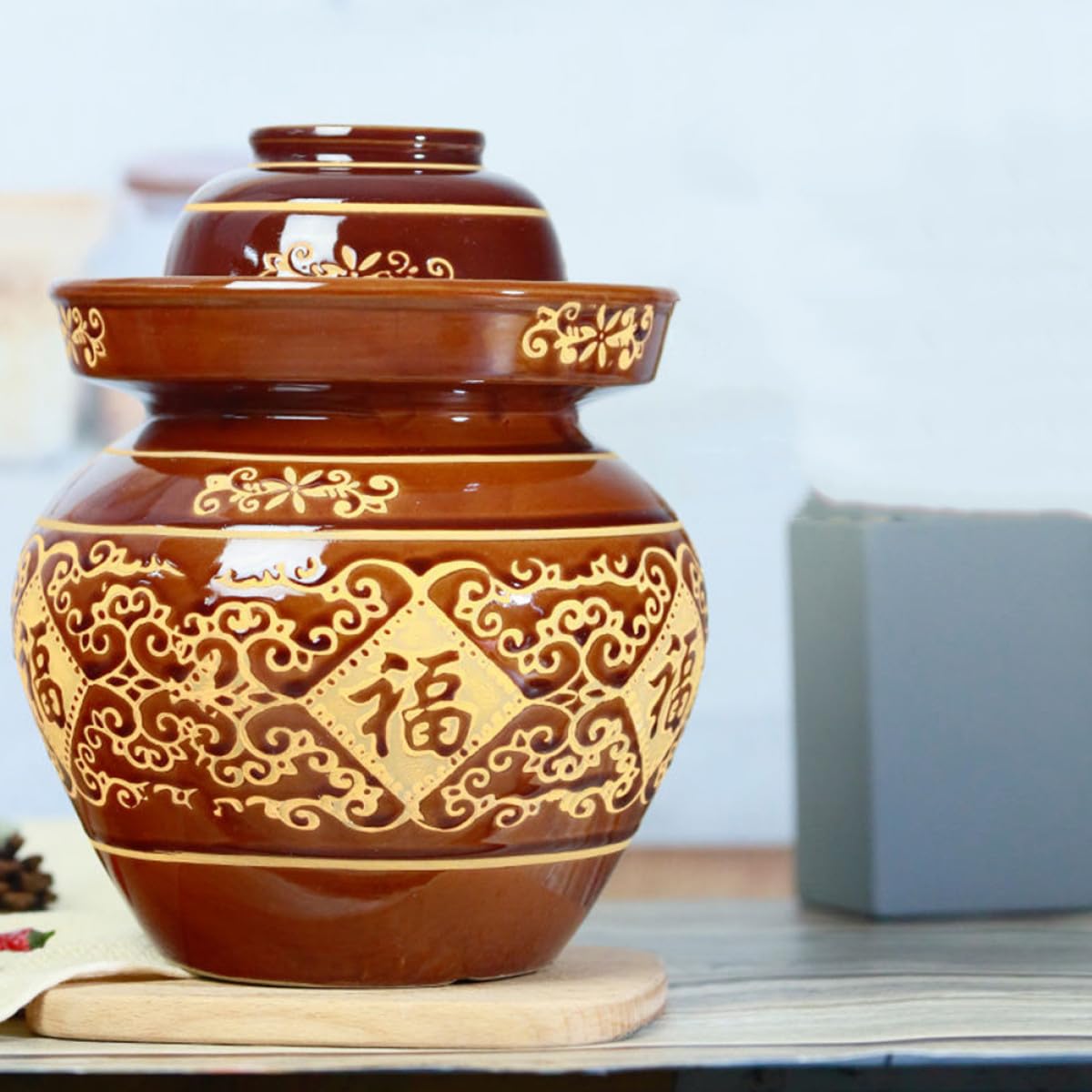 Alasum 1set Vaso per Sottaceti in Ceramica Spessa con Chiusura Ermetica Barattolo Tradizionale Cinese per Kimchi e Fermentazione per Cucina Ristorante e Conservazione Alimentare