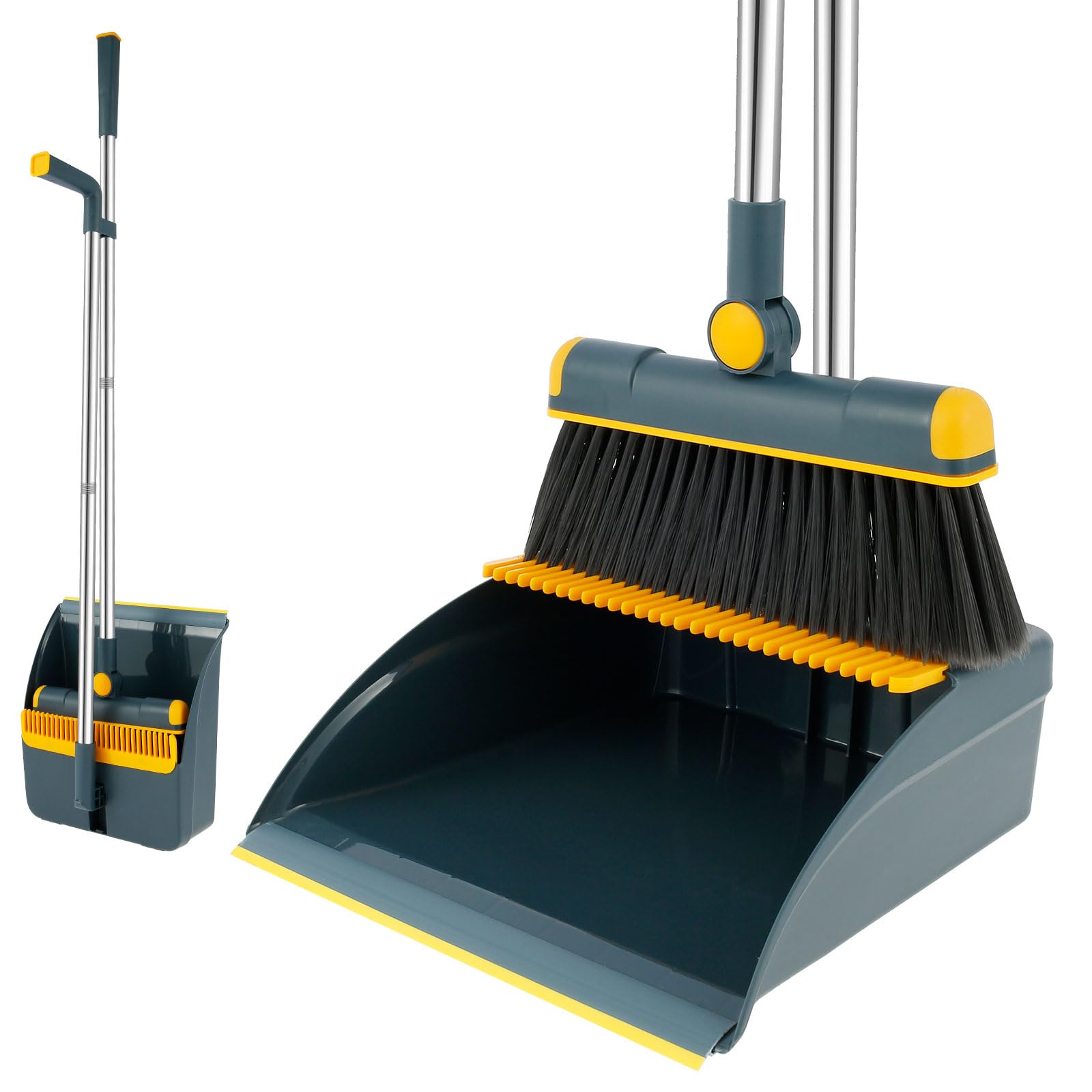 Broom and Dustpan Set for Home, 180° Rotating Broom Combo, Foldable Standing Dustpan and Brush, Long Handle Broom and Dustpan Combo Set with Scraper Teeth for Cleaning Room Office Lobby Floor (A)