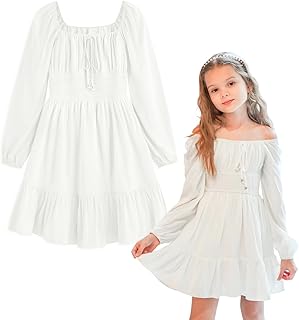 Girls Ruffle Tiered Smocked Puff Long Sleeve Dress White Size 4 to Size 15 - Buy now