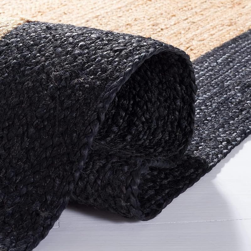 Tapis ovale en jute tissée à la main pour salon – Tapis rustique bohème naturel, durable et élégant – Noir et beige – 1,5 x 2,1 m