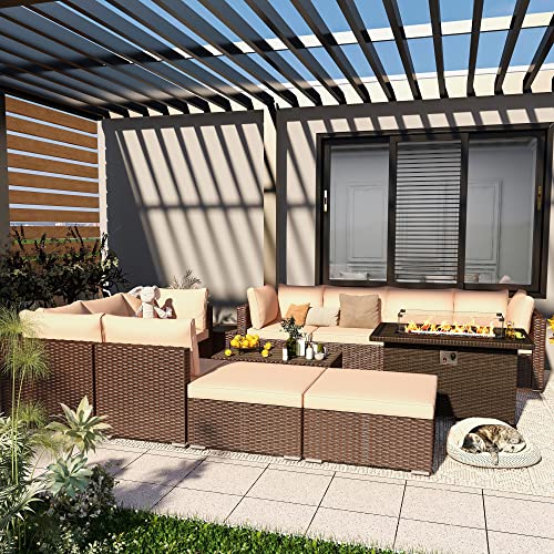 Homrest Outdoor Furniture Sets,13 Pieces Patio Furniture Sets,10-Seater Hand-Woven Wicker Patio Conversation Sets With 2 Coffee Table And 50 Inch Fire Pit Table For Deck,Backyard(Khaki) #TOP1
