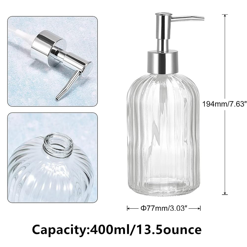TRIXES Ribbed Glass Soap Dispenser Bottles, 2-Pack, Chrome Finish, 400ml with Silicone Funnel, Silver, 18.9cm - Image 4