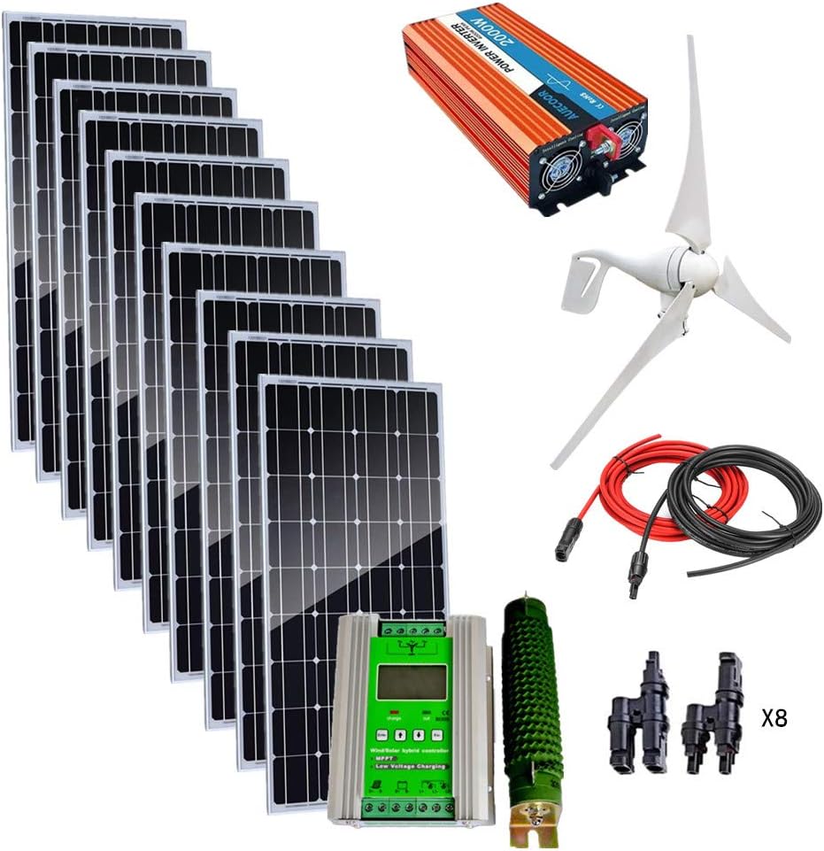 1.4Kw Wind Solar Power: 10pcs 100W mono Solar Panels & 400W Wind Turbine Generator & 2000W 24V Off Grid Inverter & Cable Connector Home Boat RV