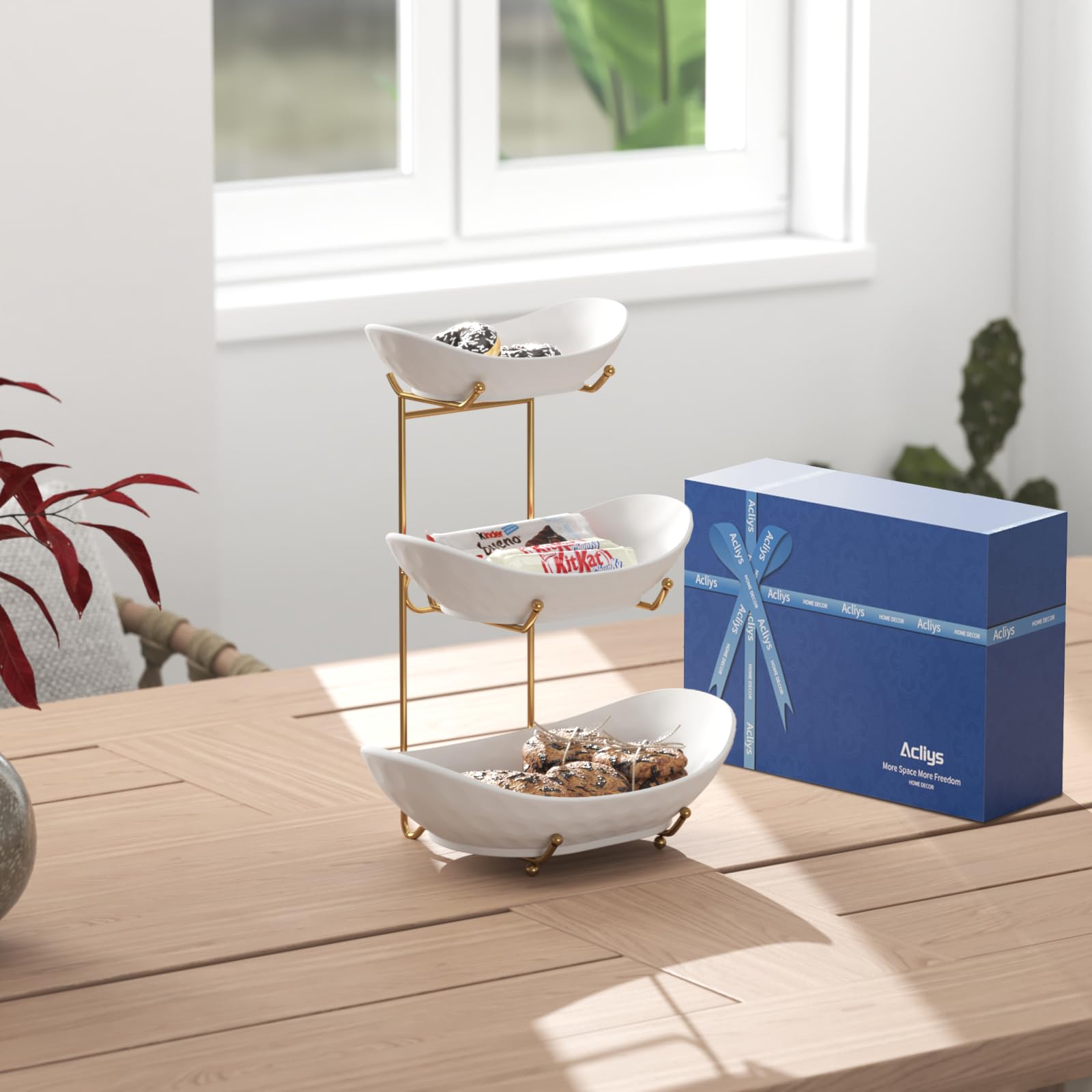 Miska na owoce, 3-poziomowy ceramiczny kosz na owoce, stojak do serwowania, miska do serwowania z metalowym stojakiem, porcelanowe miski kuchenne do przechowywania owoców, warzyw, przekąsek,