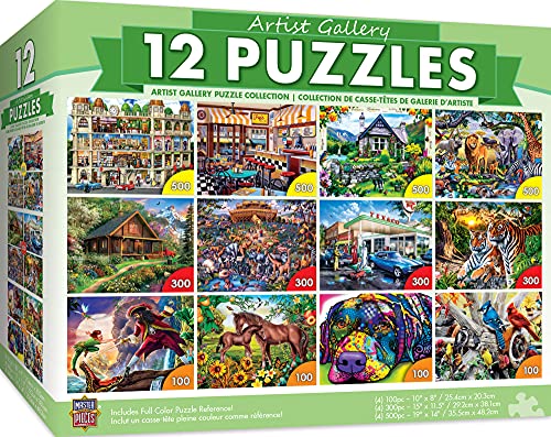 MasterPieces 12 Pack Jigsaw Puzzles for Adults, Family, Or Kids - Artist Gallery 12-Pack Bundle - 500, 300, and 100 Piece Puzzles