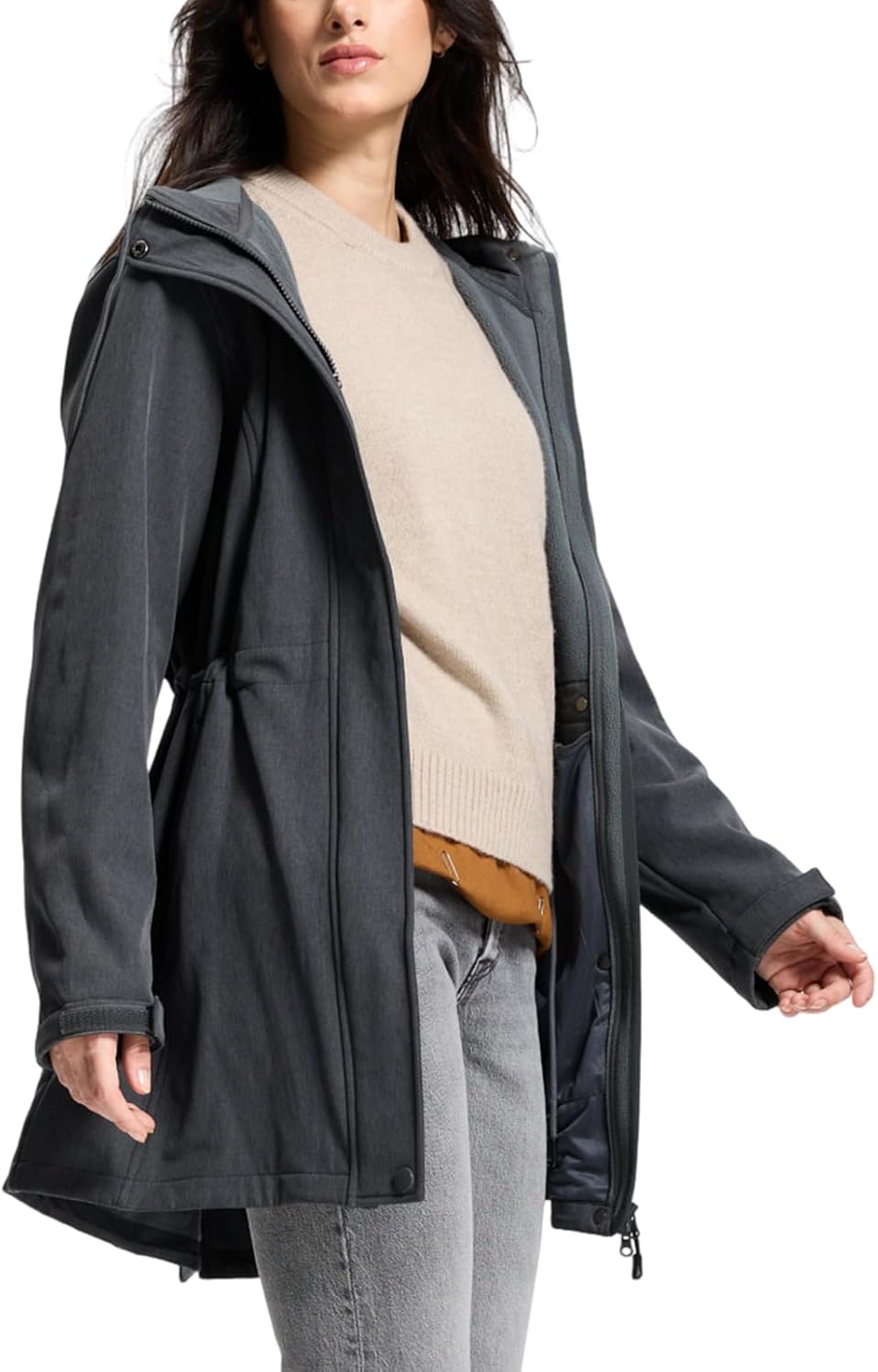 SaphiRose Women's Waterproof Rain Jacket with Fleece Lining Hooded Windbreaker Long Warm Outdoor Softshell Coat