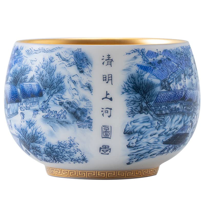 Tazas de té Pequeñas Taza de porcelana azul y blanca del maestro, taza té jadeíta, tazón individual a lo largo río durante el Festival Qingming, juego cerámica, lujo vintage Taza de té de Kungfu