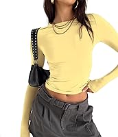 Vista 45 de Blusa corta básica casual para mujer, ajustada, manga larga, cuello redondo, color sólido, para otoño, camiseta ajustada Gris claro