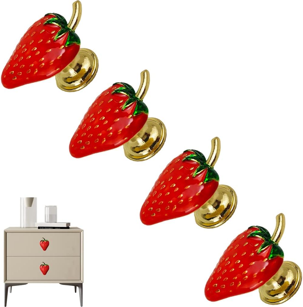 Strawberry Drawer Knobs Single Hole Cabinet Knobs for Dresser Wardrobes Furniture Door Handles Fruit Pulls Home Hardware Decorative 4 Pieces（Red）