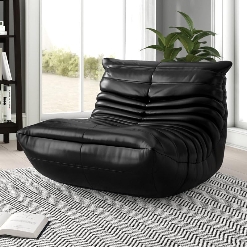 Bean Bag Chair for Adults, Modern Leather Fireside Chair, Caterpillar Sofa Couch, Corner Togo Lazy Chairs Sofa for Living Room Bedroom Office, Single Memory Foam Sofa, Black