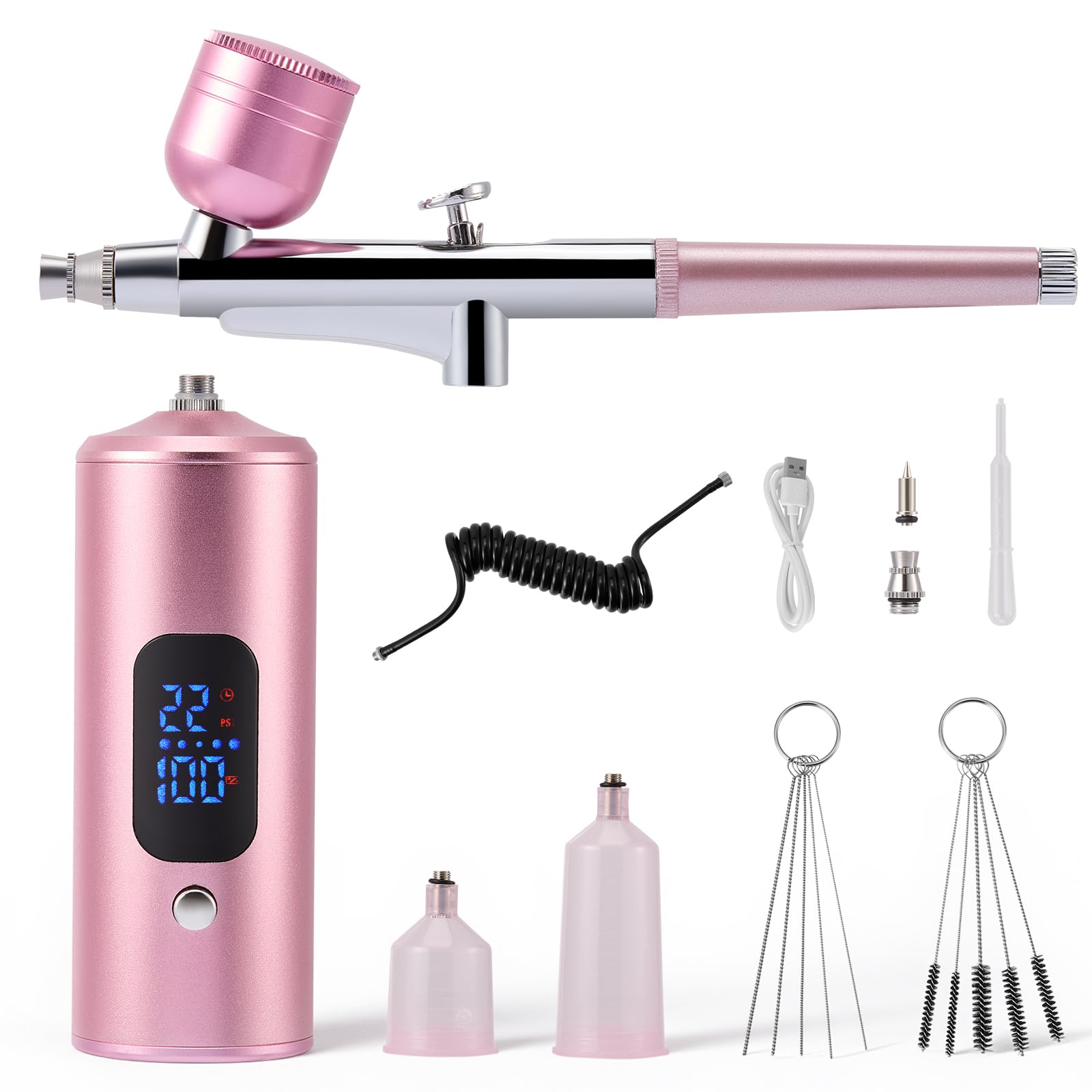 Kit aerografo con compressore, completamente senza fili con batteria, aerografo a 3 livelli fino a 38 PSI per torte, unghie, modellismo e body painting (Rosa)