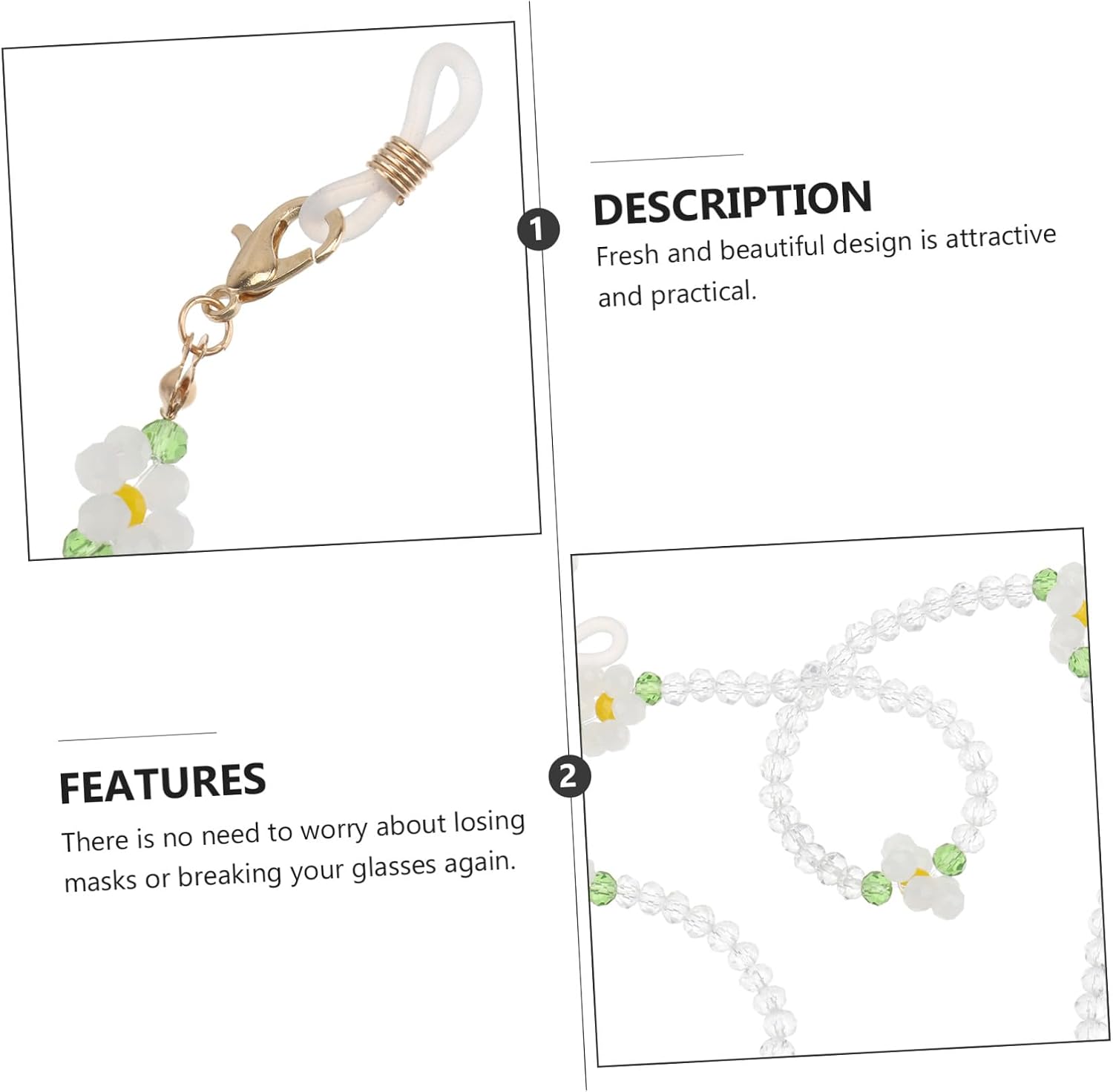 Mask and Glasses Hanging Chain with White Crystal Beads, Delicate Multi-purpose Eyeglass Anti-lost Necklace for Women’s Sweater and Sunglasses Accessories