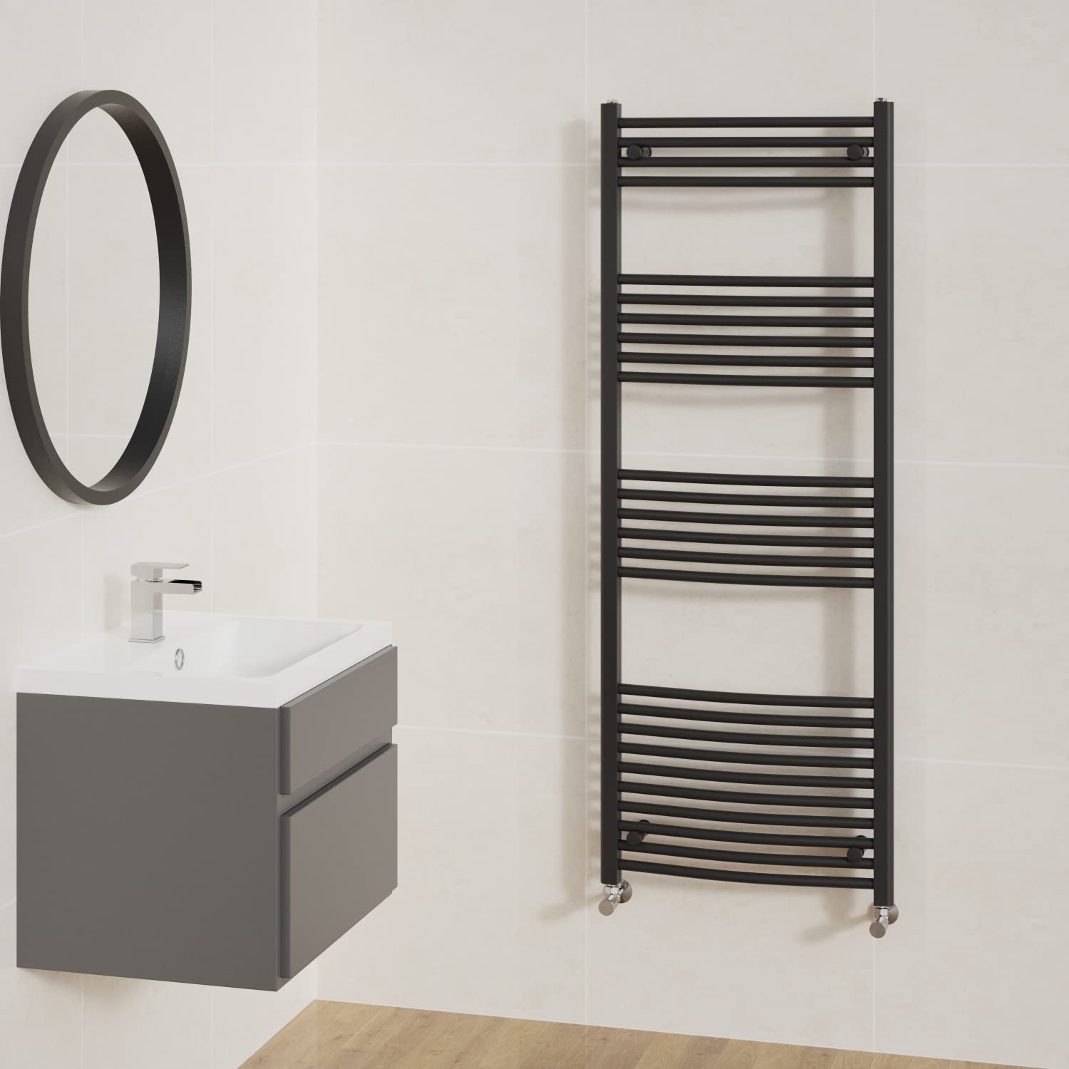 NRG Curved Black Bathroom Heated Towel Rail Radiator Central Heating Ladder Rad Warmer 1600x600mm