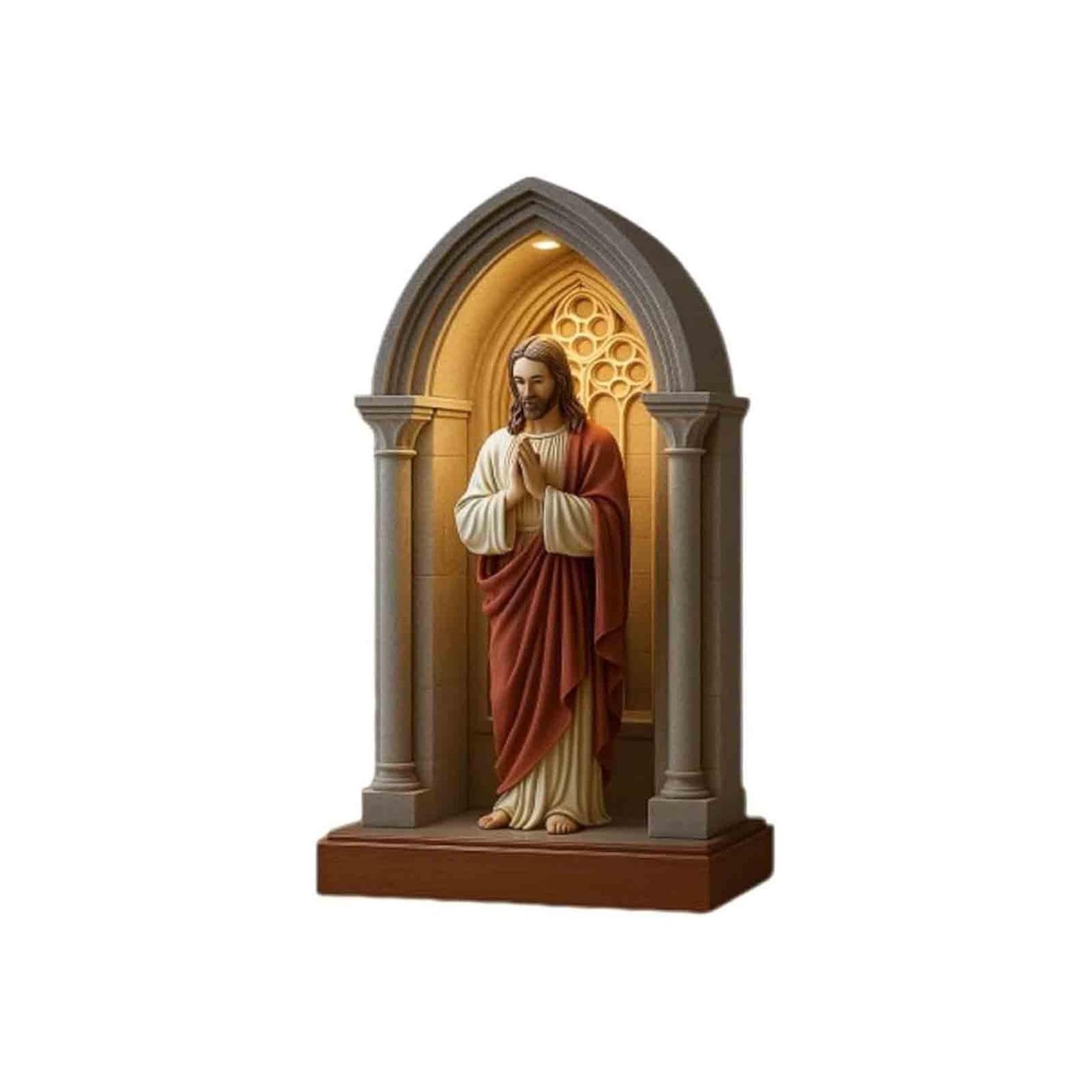 Statua di Gesù, lampada da preghiera a LED, immagine elegante e sacra del Sacro Cuore di Gesù, statua di illuminazione di nicchia in stile gotico, decorazione della lampada religiosa della casa. (Gesù