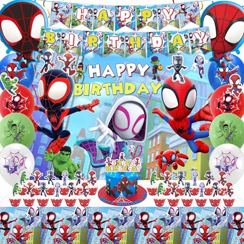 Cartoon Birthday Decorations Include Backdrop Happy Birthday Banner Balloons Hanging Swirls Tablecloth for Adult Theme Party Supplies