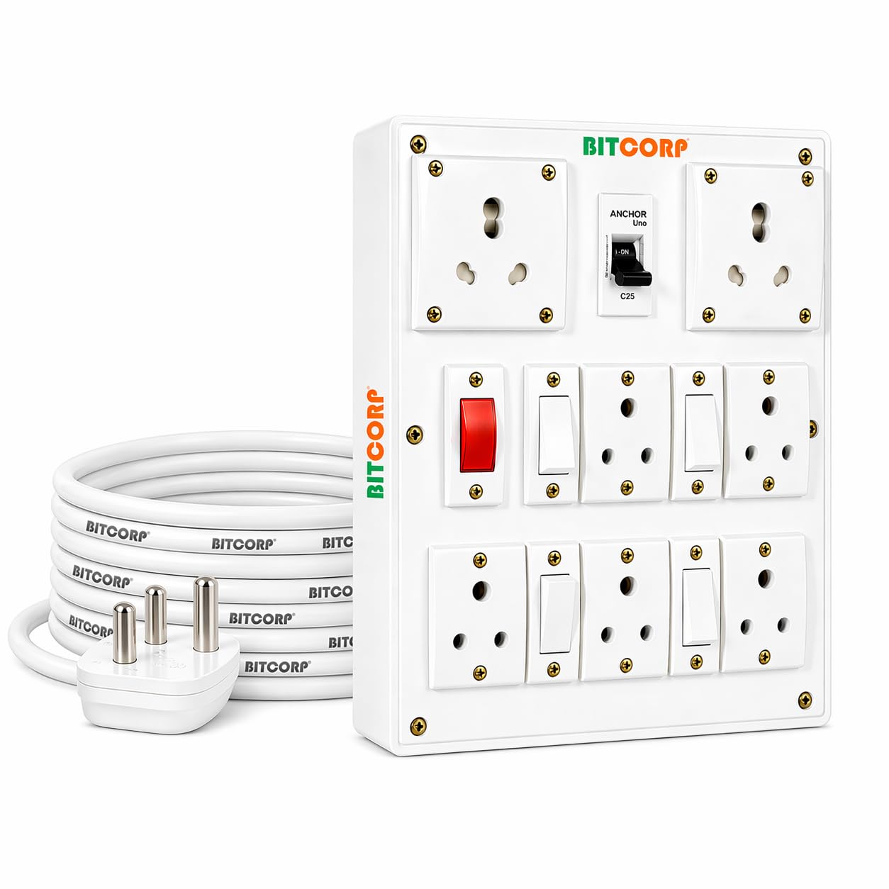 Bitcorp Junction Box with MCB, 7 Socket 4 Switch, 2500W 6A 16A Plug Box Spike Buster with Surge Protector, 2 Meter Extension Cable Power Cord for Home, Office, Cooler, Fridge, AC (White) 220V-picture-12