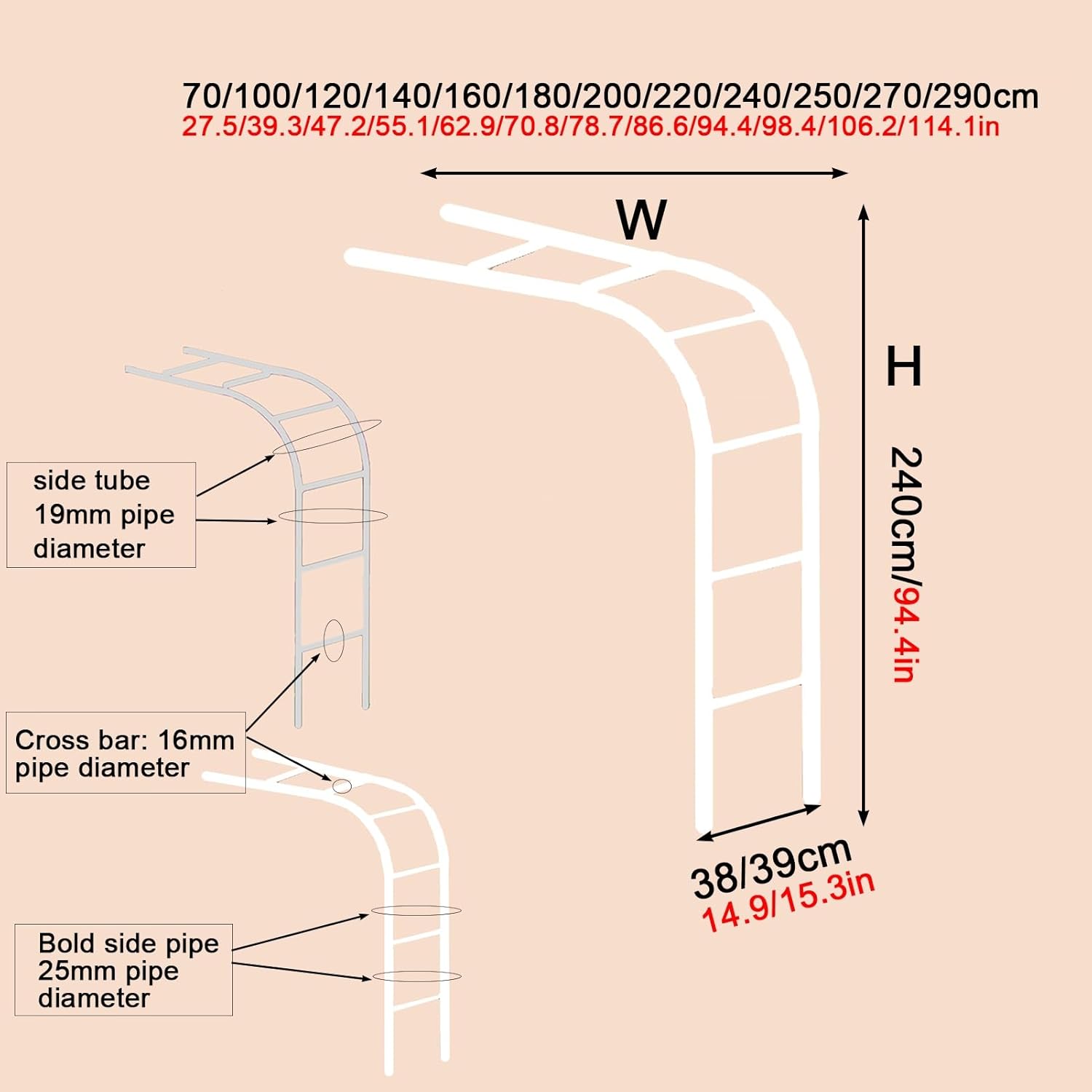 Garden Arch Metal, Against Wall Garden Arches, Stainless Steel Half Side Rose Arch, Patio Climbing Vines Support Pergola, Outdoor Terrace Trellis Decorative Garden Arbor (Color : Side Tube 25mm, Siz