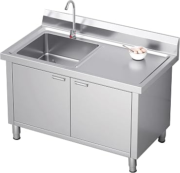 Free Standing Kitchen Stainless Steel Sink Cabinet, Sink Cabinet Integrated, Stainless Steel Wire Drawing Process, Large Capacity Storage, Easy to Install Single