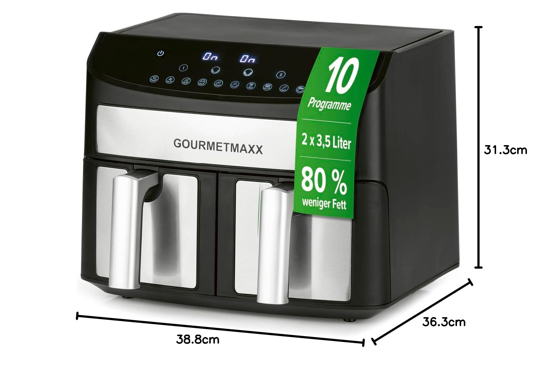 GOURMETmaxx Dwukomorowa frytkownica na gorące powietrze, 2 x 3,5 l, stal nierdzewna, Airfryer z synchronizowanymi strefami gotowania, funkcją timera i wyświetlaczem dotykowym, energooszczędne smażenie
