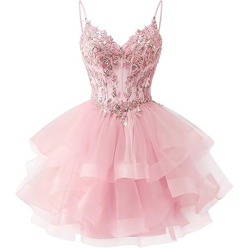 Zeeyecie Tiered Tulle Homecoming Dresses Sparkly Lace Applique Beaded Short Prom Dress for Teens Quinceanera DAMA Dress