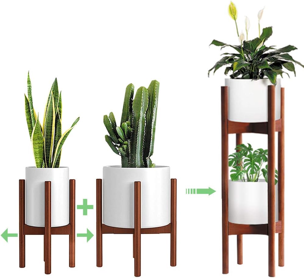 2 Pack Indoor Plant Stands, 2 Tier Tall Plant Stand 30 inches, Mid Century Bamboo Plant Stand, Adjustable Width 8-12 inches, Fits Pot Size of 8 9 10 11 12 inches, Pot & Plant Not Included, Brown