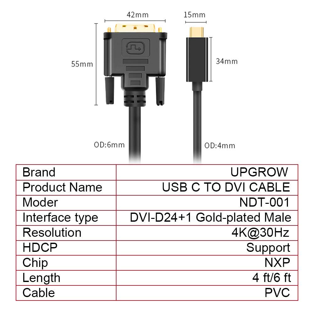 Upgrow, Cavo da USB-C a DVI, 4K a 30 Hz, da Thunderbolt a DVI, USB tipo C a DVI femmina, 1,8 m, compatibile con per MacBook Pro 2017-2020, Surface Book 2, Dell XPS 13, Galaxy S10
