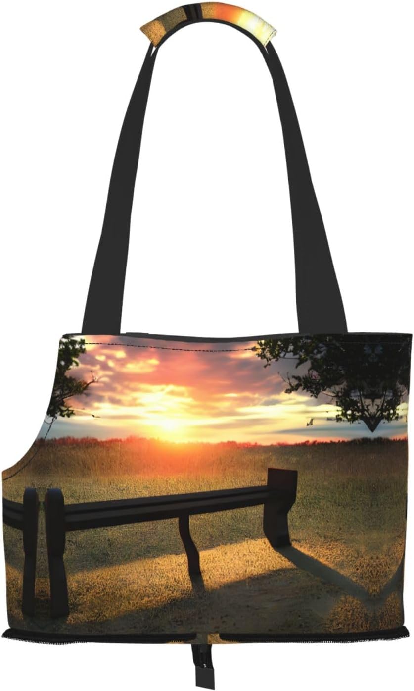 Lonely Bench Sunset Print Portable Foldable Shoulder Bag for Travel,with Collar Hook and Handle Pad,Cute Stylish Design