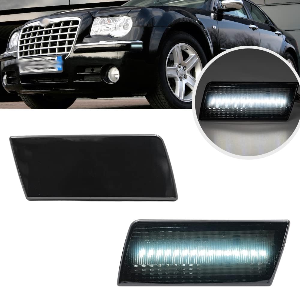 2Pcs White Full LED Side Marker Lights for Chrysler 300 2005-2014 Front Bumper Sidemarker Lamp Driving Running Light Smoked Lens