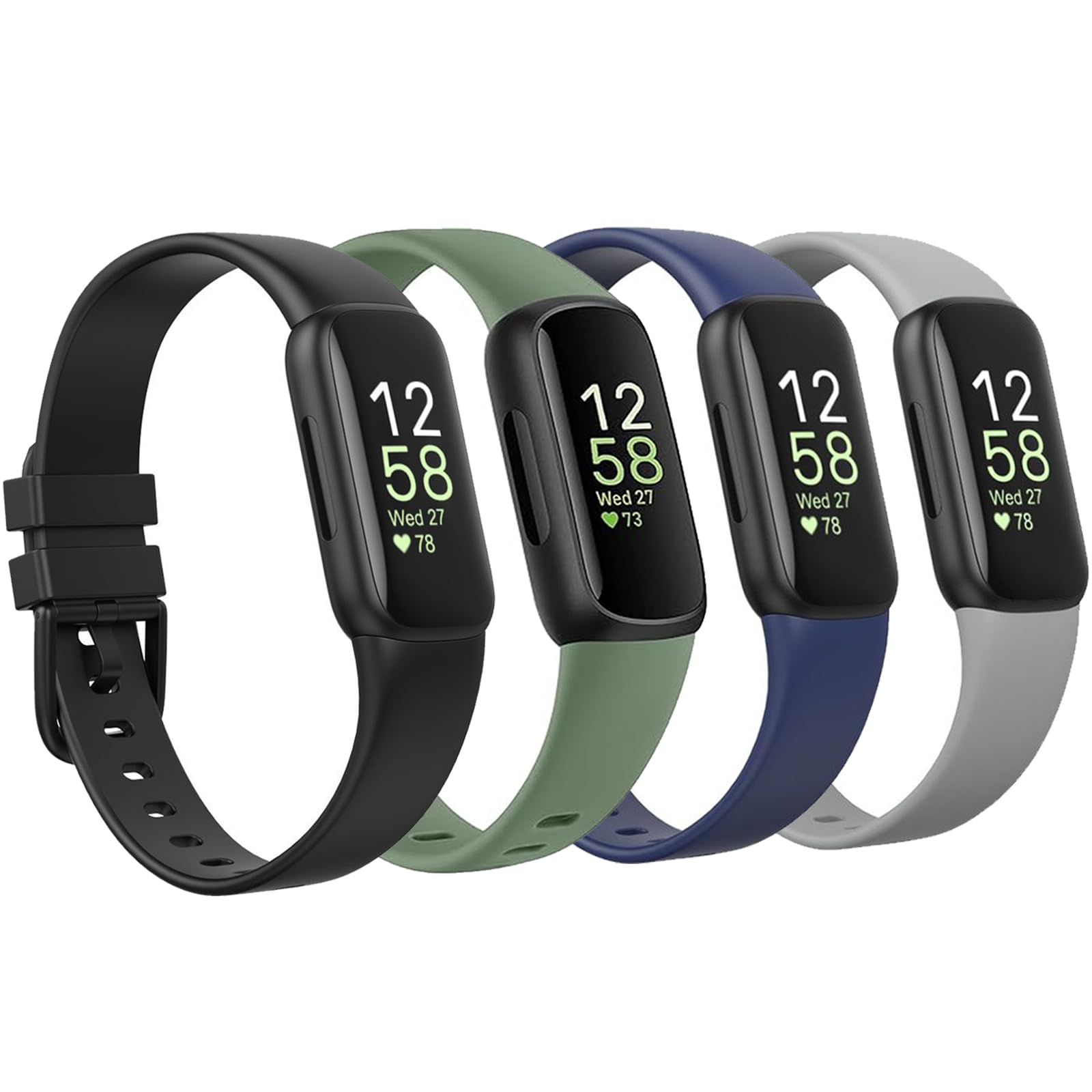 Newremote 4 Pack Waterproof Straps fit for Fitbit inspire 3 Straps for Women Men, Classic Soft Sports Replacement Strap for Women Men (Black/Green/Navy/Grey, Large 7.1"-8.7")