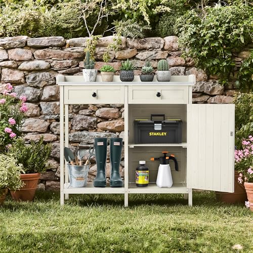 Outdoor Potting Bench with Storage Cabinet & Metal Tabletop, Garden Work Table, Wood Planting Workstation for Patio, w/Drawer