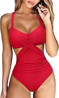 RXRXCOCO Women Front Cross Cutout One Piece Swimsuit Tummy Control High Waisted Monokini Bathing Suit, 3 Red, Small Price In India