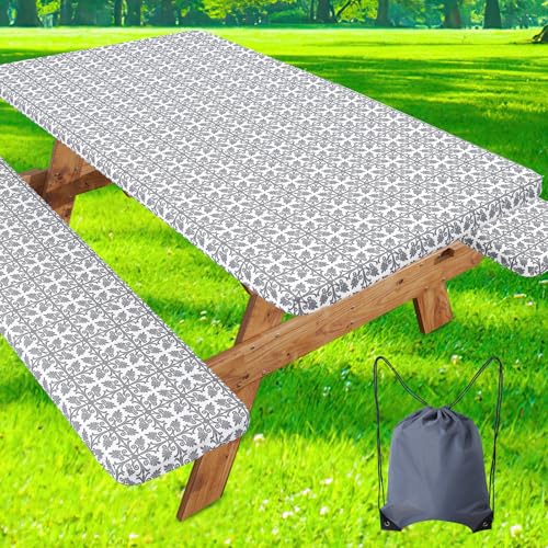 Image of misaya Picnic Table Cover with Bench Cover, Waterproof Elastic Fitted Tablecloth for 5 Foot Tables, Rectangle Washable Polyester Tablecloths for Picnic, Camping, Outdoor (Grey, 30 inch x 60 inch)