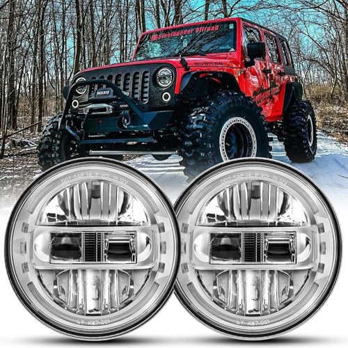 AUDEXEN 7 Inch Led Headlights DOT Approved Round Headlight with DRL Low Beam and High Beam Compatible with Jeep Wrangler JK JKU LJ CJ TJ 1997-2018 Headlamps - Exclusive Patent (Chrome)