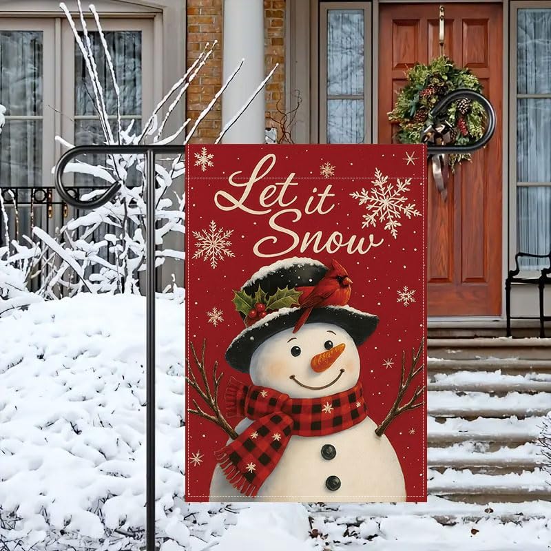 Miniatura 12 de Bandera de jardín de Navidad de 12 x 18 pulgadas, muñeco de nieve de Feliz Navidad con bandera de ciervo y cardenal, bandera de invierno para patio